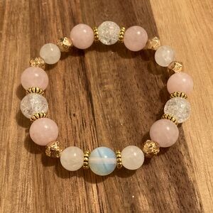 Handmade Beaded Bracelet w/ Rose Quartz, Lava Stone, Moonstone, and White Opal